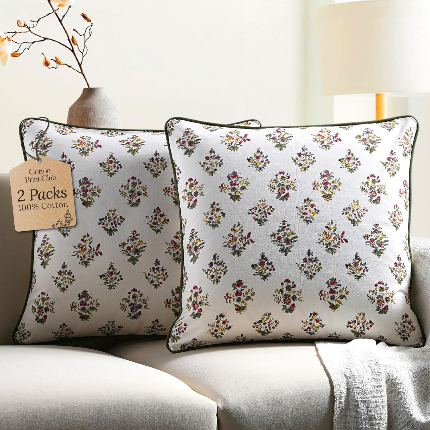 CPC 100% Cotton Throw Pillow Covers 18x18 Inch, Set of 2 Blue Block Print Pattern Couch Pillow, Cute Boho Decorative Pillows for Living Room, Bedroom with Hidden Zipper- Apatite Blue