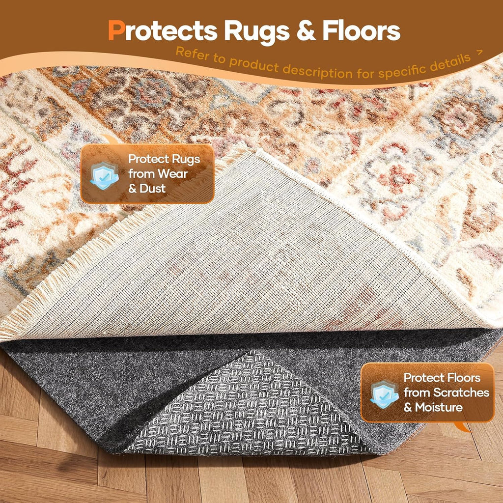 Veken Non Slip Cushioned Rug Pad Gripper 8 x 10 Ft, Felt and Silicone Backing, 1/4" Thick Carpet Liner for Hardwood Floors and Finishes, Under Area Rugs Anti Skid Mat, Keep Rugs Safe and in Place