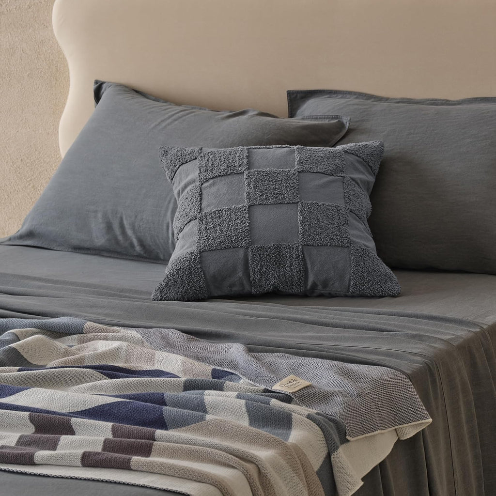 Double Stitch 100% Cotton Throw Pillow Covers - Checkered Tufted Boho Decorative Pillow Covers 20x20, Made in India, Square Cushion Case, Modern Home Decor for Couch, Sofa, Living Room, Charcoal Grey